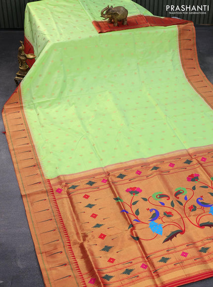 Pure paithani silk saree fluorescent green and red with allover zari woven floral buttas and zari woven paithani butta border