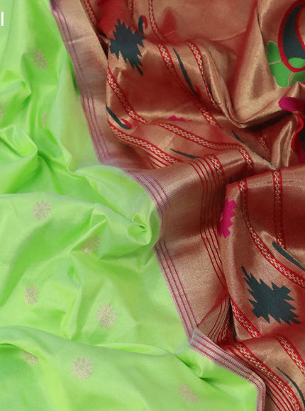 Pure paithani silk saree fluorescent green and red with allover zari woven floral buttas and zari woven paithani butta border