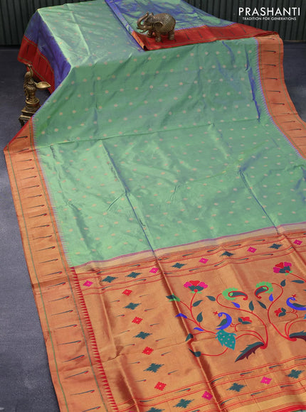 Pure paithani silk saree dual shade of bluish green and red with allover zari woven floral buttas and zari woven paithani butta border