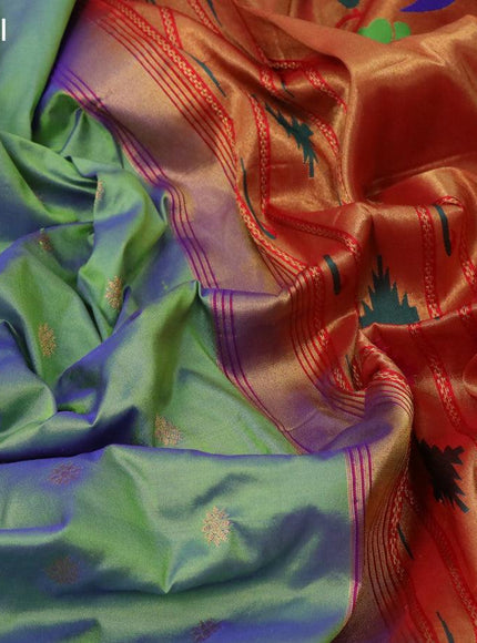 Pure paithani silk saree dual shade of bluish green and red with allover zari woven floral buttas and zari woven paithani butta border