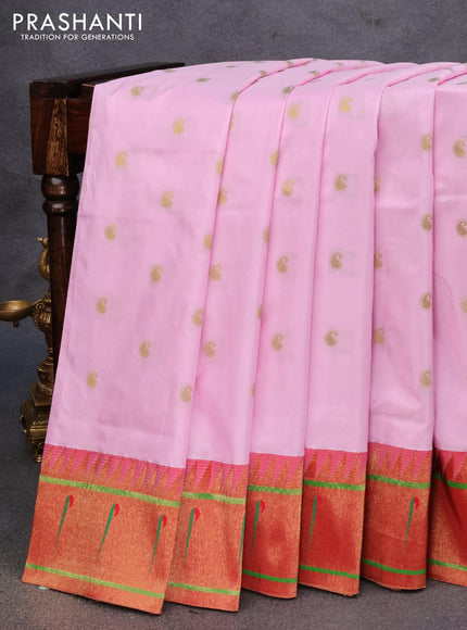 Pure paithani silk saree baby pink and red with allover paisley zari woven buttas and zari woven paithani butta border