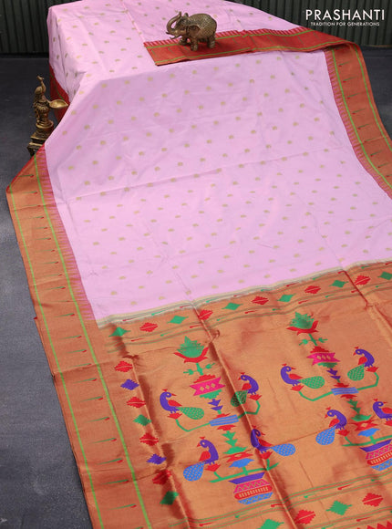 Pure paithani silk saree baby pink and red with allover paisley zari woven buttas and zari woven paithani butta border