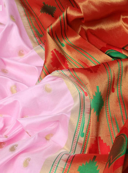 Pure paithani silk saree baby pink and red with allover paisley zari woven buttas and zari woven paithani butta border