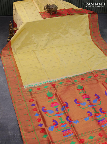 Pure paithani silk saree pale yellow and red with allover paisley zari woven buttas and zari woven paithani butta border