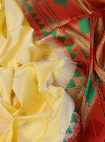 Pure paithani silk saree pale yellow and red with allover paisley zari woven buttas and zari woven paithani butta border