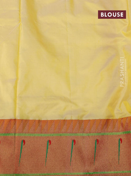 Pure paithani silk saree pale yellow and red with allover paisley zari woven buttas and zari woven paithani butta border