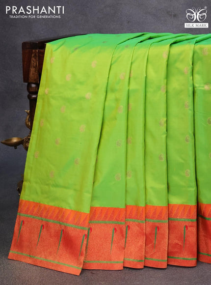 Pure paithani silk saree light green and red with allover paisley zari woven buttas and zari woven paithani butta border