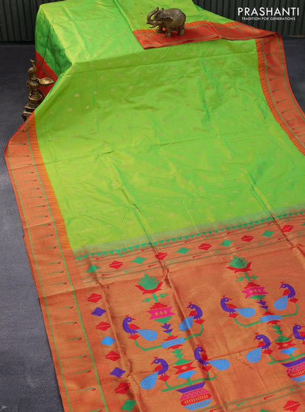 Pure paithani silk saree light green and red with allover paisley zari woven buttas and zari woven paithani butta border