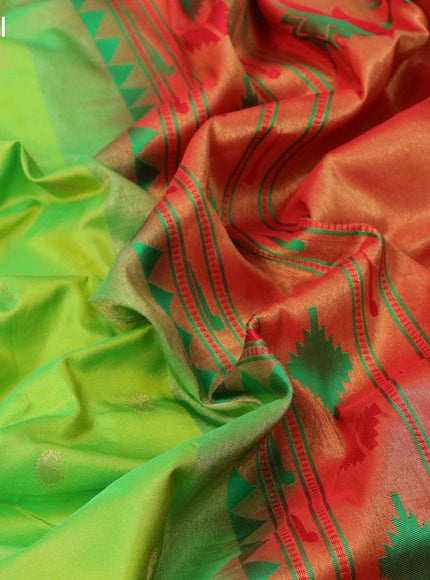 Pure paithani silk saree light green and red with allover paisley zari woven buttas and zari woven paithani butta border