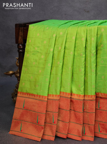 Pure paithani silk saree light green and red with allover zari checks & buttas and zari woven paithani butta border