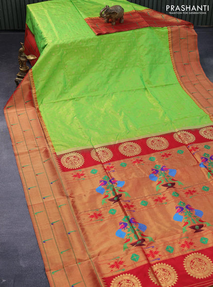 Pure paithani silk saree light green and red with allover zari checks & buttas and zari woven paithani butta border