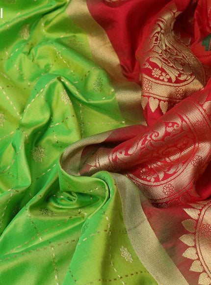 Pure paithani silk saree light green and red with allover zari checks & buttas and zari woven paithani butta border