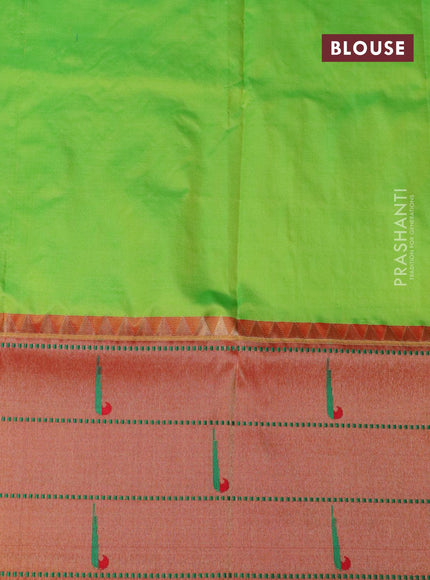 Pure paithani silk saree light green and red with allover zari checks & buttas and zari woven paithani butta border