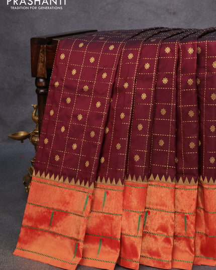 Pure paithani silk saree deep maroon and red with allover zari checks & buttas and zari woven paithani butta border
