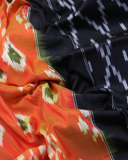 Pochampally silk saree orange and black with allover ikat butta weaves and ikat design zari woven border