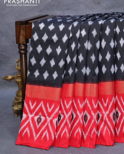 Pochampally silk saree black and red with allover ikat weaves and zari woven ikat style border