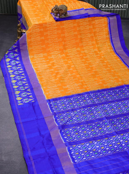 Pochampally silk saree orange and blue with allover ikat weaves and long zari woven ikat style border