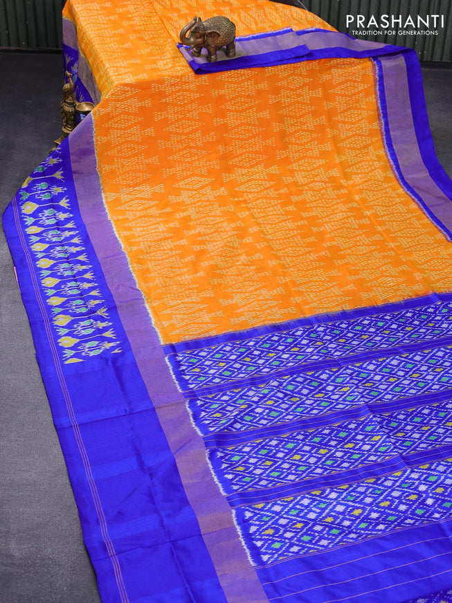 Pochampally silk saree orange and blue with allover ikat weaves and long zari woven ikat style border