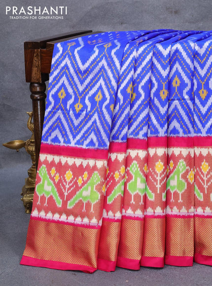 Pochampally silk saree blue and magenta pink with allover ikat woven butta weaves and long ikat woven zari border