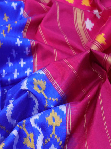 Pochampally silk saree blue and magenta pink with allover ikat woven butta weaves and long ikat woven zari border