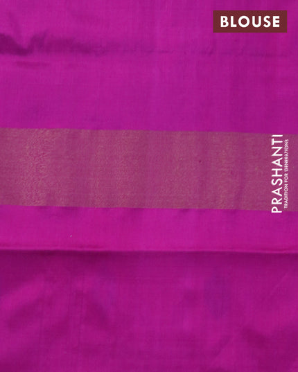 Pochampally silk saree parrot green and pink with allover ikat woven butta weaves and zari woven ikat style border