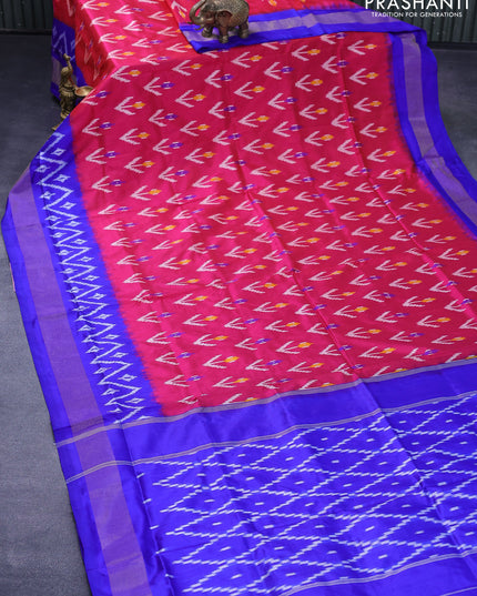 Pochampally silk saree pink and royal blue with allover ikat woven butta weaves and ikat design zari woven border