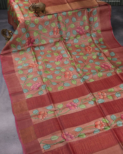 Pure tussar silk saree pastel brown and maroon with allover floral kalamkari hand painted prints and zari woven border