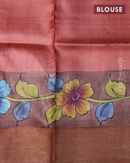 Pure tussar silk saree brown shade and pastel peach with allover floral kalamkari hand painted prints and zari woven border