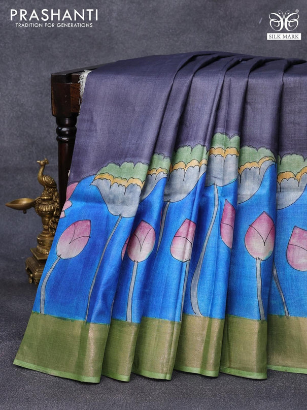 Pure tussar silk saree grey and blue green with paichwai hand painted prints and zari woven border