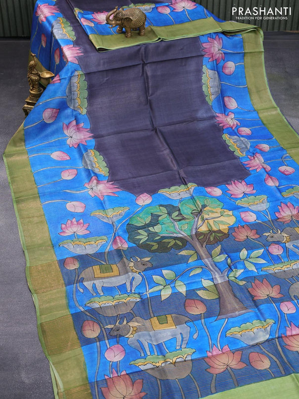 Pure tussar silk saree grey and blue green with paichwai hand painted prints and zari woven border