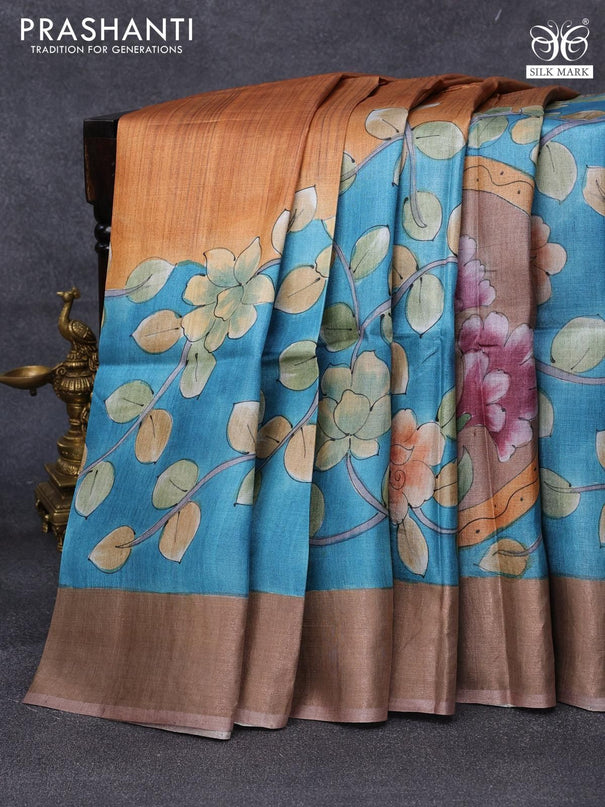 Pure tussar silk saree blue and pastel brown with allover floral kalamkari hand painted prints and zari woven border