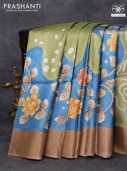 Pure tussar silk saree pastel green and blue brown with allover floral kalamkari hand painted prints and zari woven border