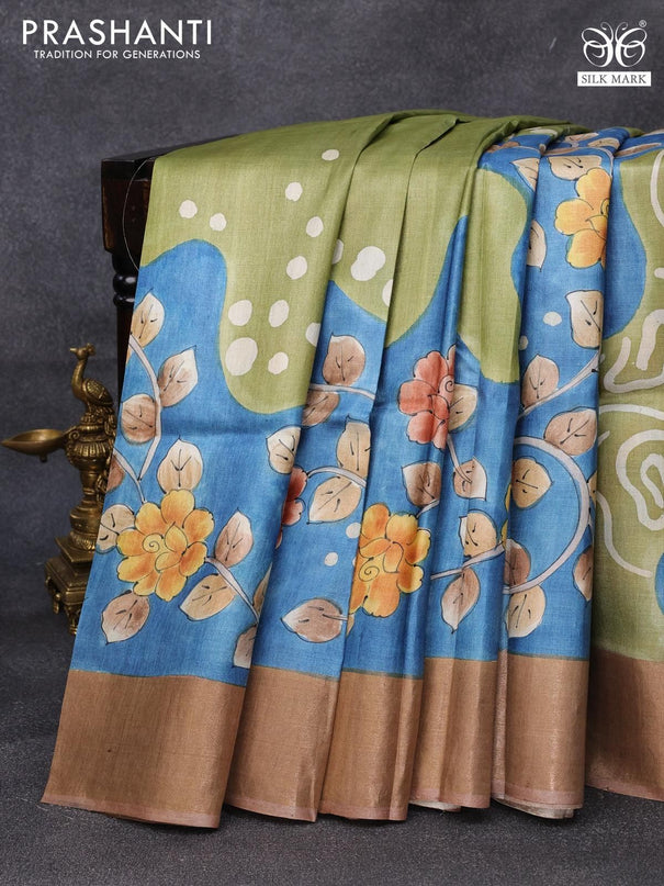 Pure tussar silk saree pastel green and blue brown with allover floral kalamkari hand painted prints and zari woven border