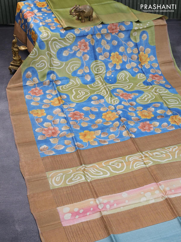 Pure tussar silk saree pastel green and blue brown with allover floral kalamkari hand painted prints and zari woven border