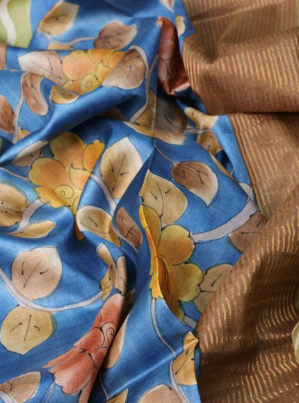 Pure tussar silk saree pastel green and blue brown with allover floral kalamkari hand painted prints and zari woven border