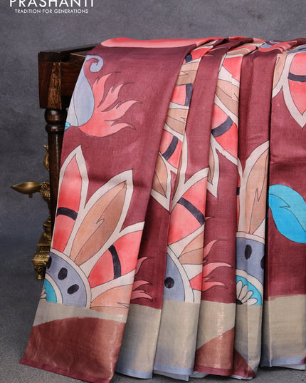 Pure tussar silk saree deep maroon and grey with hand painted prints and zari woven border