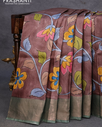 Pure tussar silk saree brown and green shade with floral hand painted prints and zari woven border
