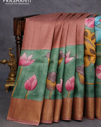 Pure tussar silk saree green and brown with allover kalamkari hand painted prints and zari woven border