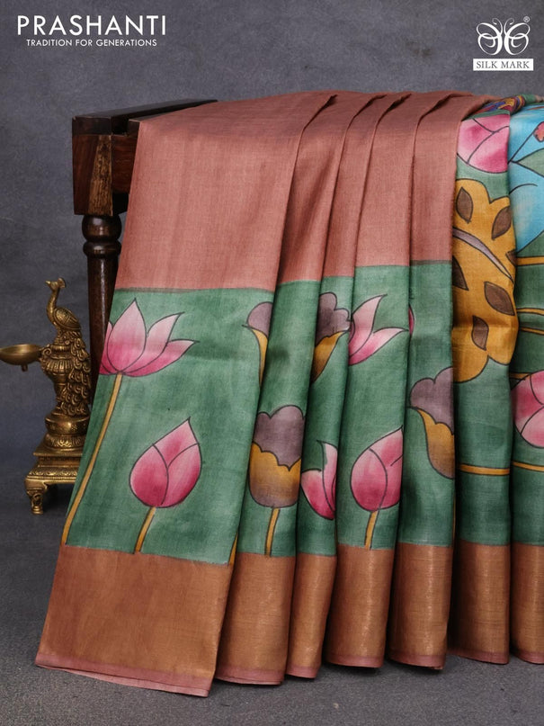 Pure tussar silk saree green and brown with allover kalamkari hand painted prints and zari woven border