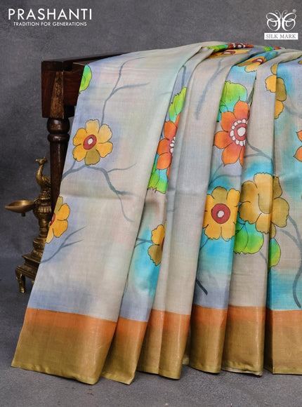 Pure tussar silk saree grey and khaki shade with floral hand painted prints and zari woven border