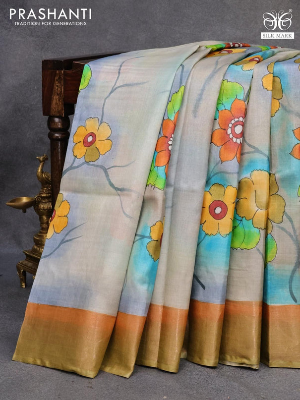 Pure tussar silk saree grey and khaki shade with floral hand painted prints and zari woven border