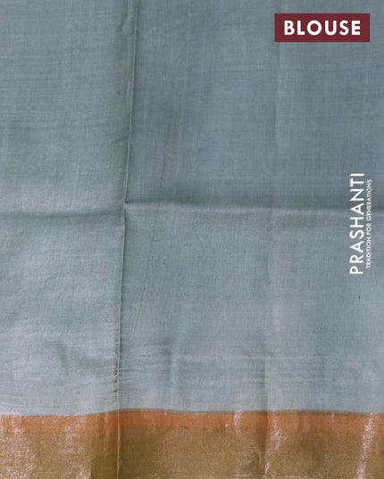 Pure tussar silk saree grey and khaki shade with floral hand painted prints and zari woven border
