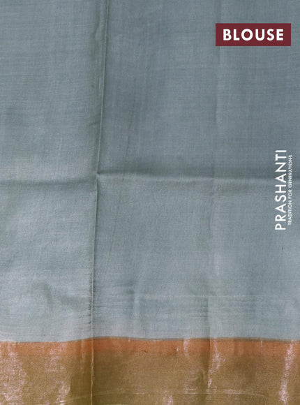 Pure tussar silk saree grey and khaki shade with floral hand painted prints and zari woven border