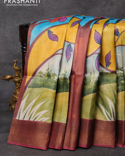 Pure tussar silk saree light blue and yellow maroon with hand painted prints and zari woven border