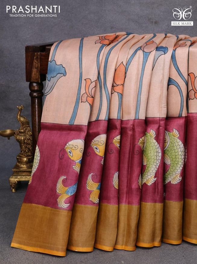 Pure tussar silk saree pastel peach and maroon yellow with kalamkari hand painted prints and zari woven border