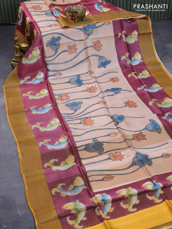 Pure tussar silk saree pastel peach and maroon yellow with kalamkari hand painted prints and zari woven border