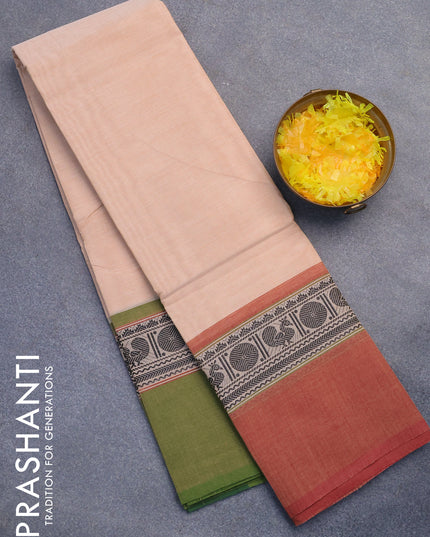 Chettinad cotton saree cream with plain body and ganga jamuna border without blouse