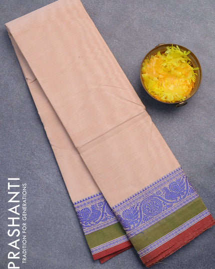 Chettinad cotton saree cream and maroon with plain body and thread woven border without blouse