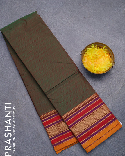 Chettinad cotton saree green and yellow with plain body and thread woven border without blouse