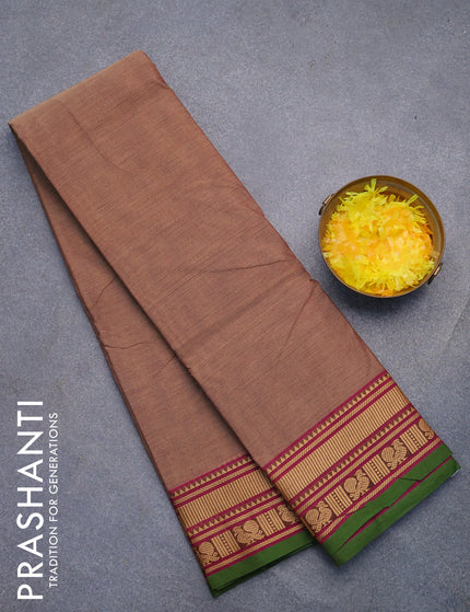 Chettinad cotton saree chikku shade and green with plain body and thread woven border without blouse